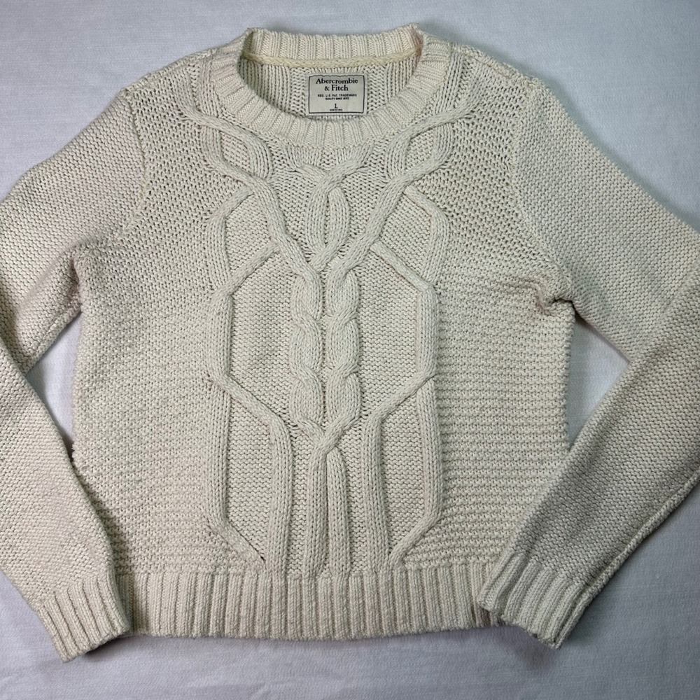 Abercrombie & Fitch Classic Cable Knit Sweater Cream Chunky Preppy Large Pull On